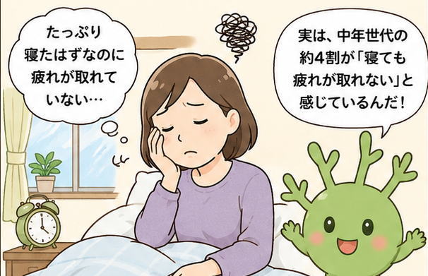 「たっぷり寝ているはずなのに疲れが取れていない…」と話す女性と「実は、中年世代の約4割が寝ても疲れが取れない」と感じているんだ、と話すもずくの妖精ももずちのイラスト