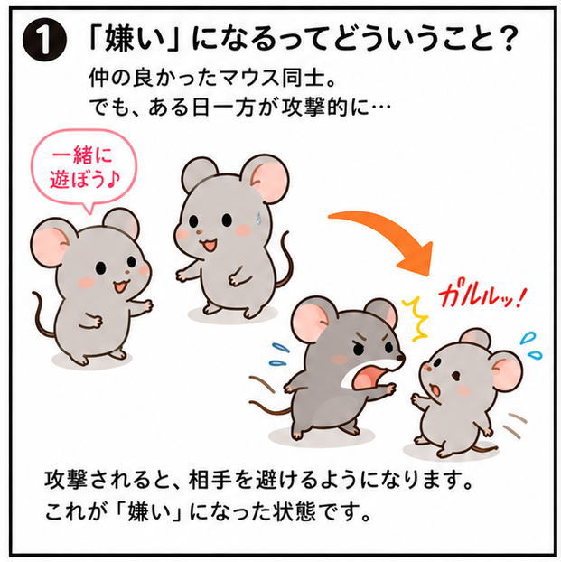 嫌いになるってどういうこと？というタイトルと、「仲の良かったマウス同士。でも、ある日一方が攻撃的に…」「攻撃されると、相手を避けるようになります。これが嫌いになった状態です。」という解説と、仲の良いマウス2匹と怖がるマウス2匹のイラスト