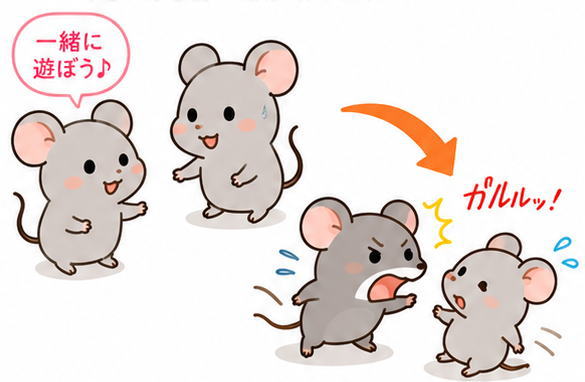 「一緒に遊ぼう」と声をかけ仲良くすごす2匹のマウスと、威嚇するマウスとおびえるマウスのイラスト