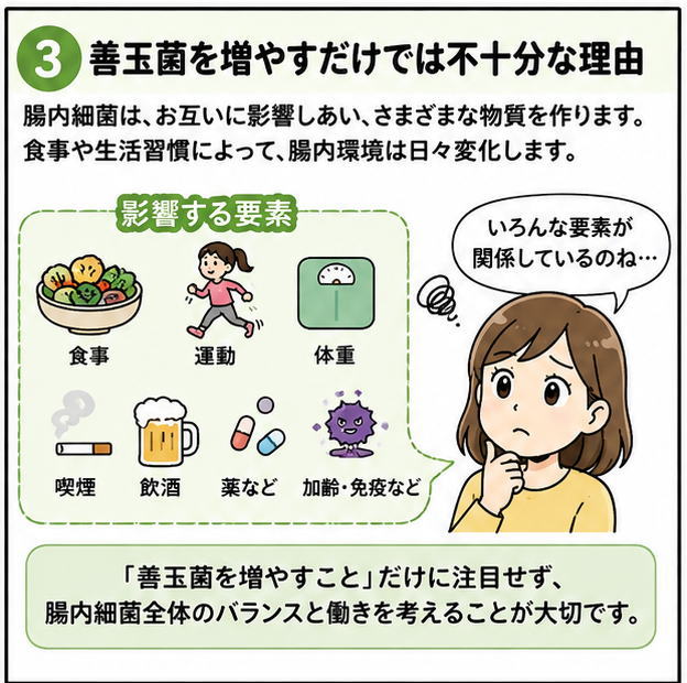 善玉菌を増やすだけでは不十分な理由、というタイトルと、腸内細菌は、お互いに影響しあい、さまざまな物質を作ります。食事や生活習慣によって、腸内環境は日々変化します。という文字と、影響する要素をイメージで解説したイラスト