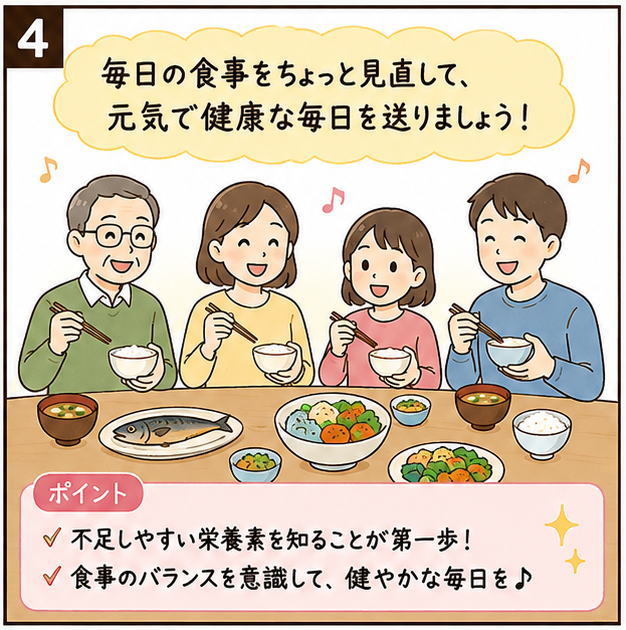 毎日の食事をちょっと見直して、元気で健康な毎日を送りましょう！と書いた文字と、家族4人が楽しそうに団らんするイラスト