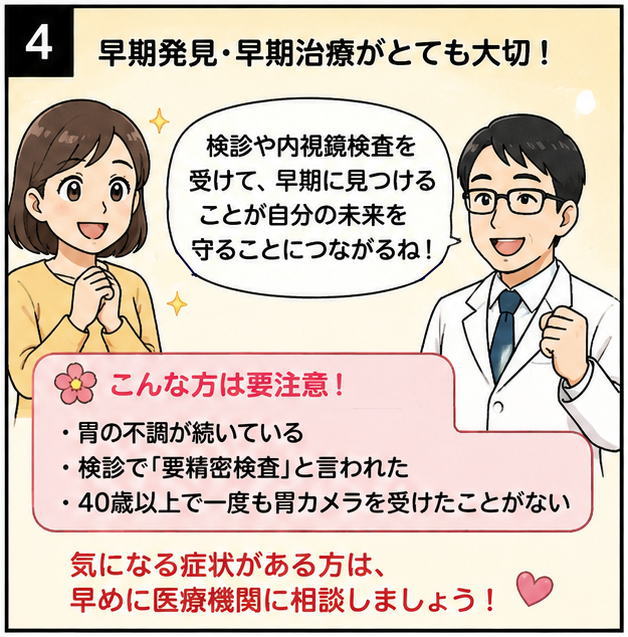 早期発見・早期治療がとても大切！というタイトルと、「検診や内視鏡検査を受けて、早期に見つけることが自分の未来を守ることにつながるね！」と話す研究者のイラスト
