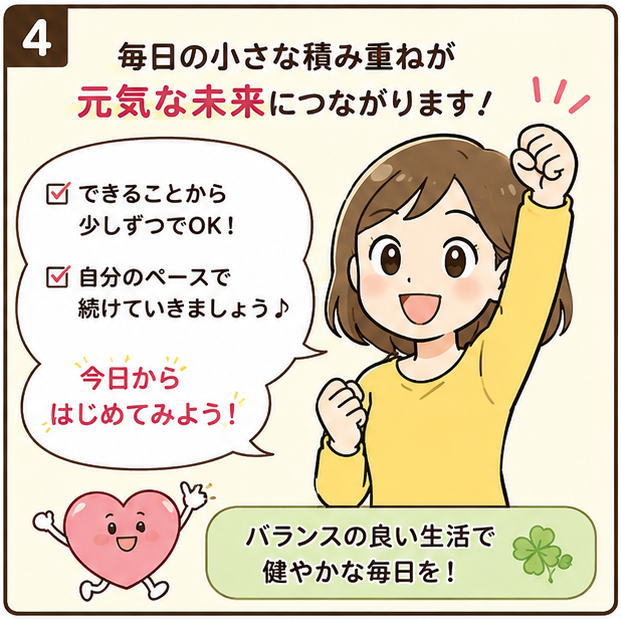 毎日の小さな積み重ねが元気な未来につながります！というタイトルと、「できることから少しずつでOK！」「自分のペースで続けていきましょう♪」と話す女性のイラスト