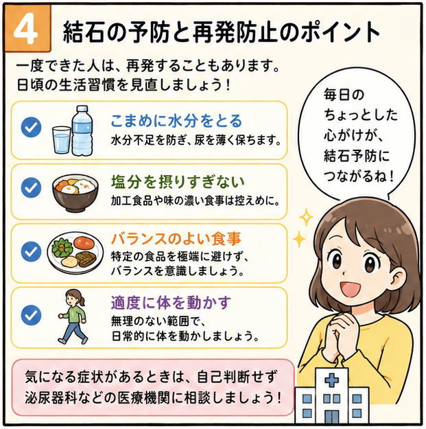 結石の予防と再発防止のポイント、というタイトルと、「毎日のちょっとした心がけが、結石予防につながるね！」と話す女性のイラスト