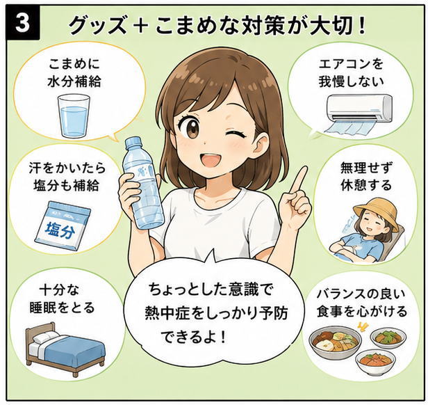 グッズ＋こまめな対策が大切！というタイトルと、「こまめに水分補給」「エアコンを我慢しない」「汗をかいたら塩分も補給」「無理せず休憩する」という文字とイラスト