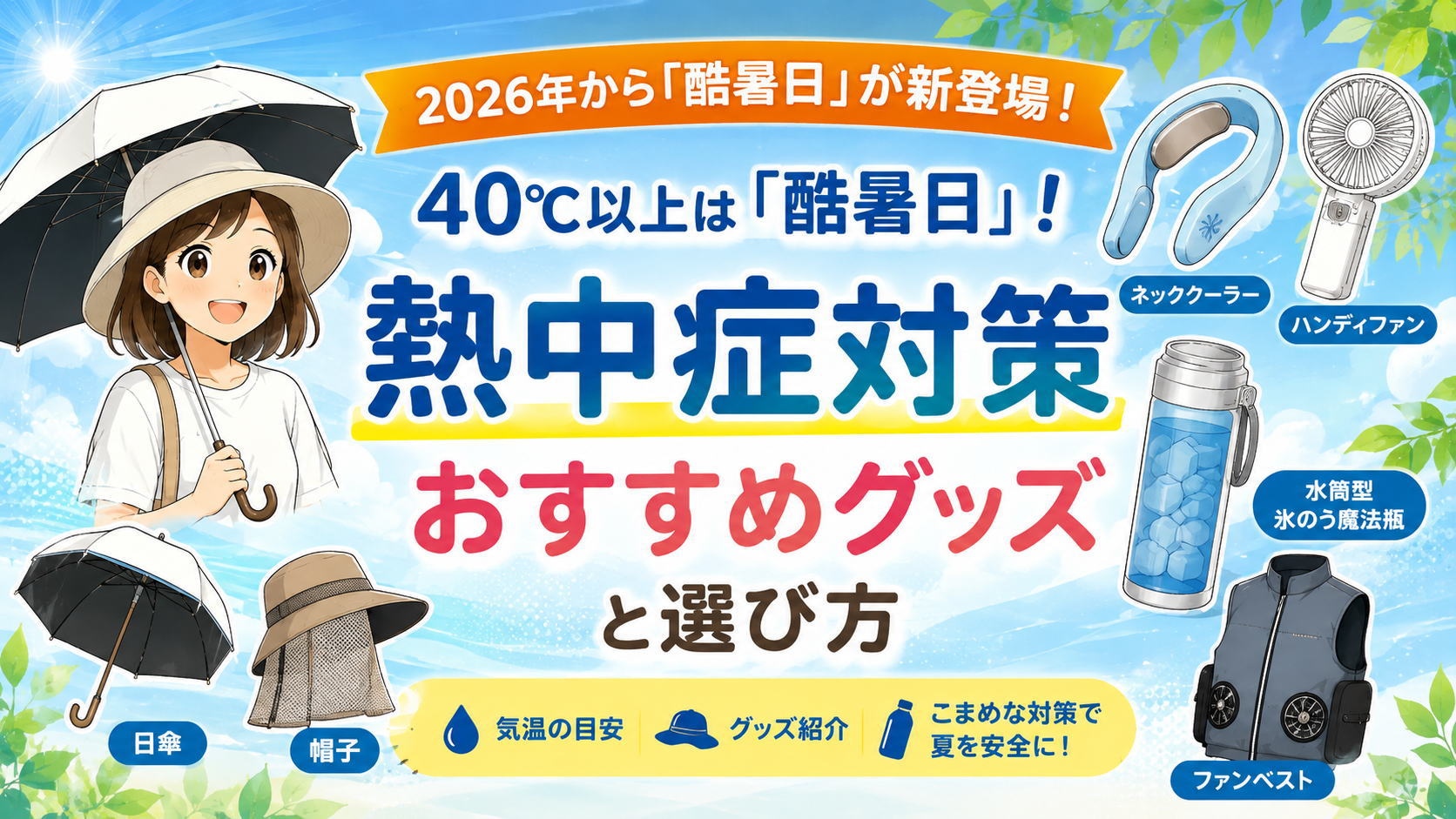 40℃以上は「酷暑日」！熱中症対策おすすめグッズと選び方、という文字と日傘をさし帽子をかぶる女性のイラスト
