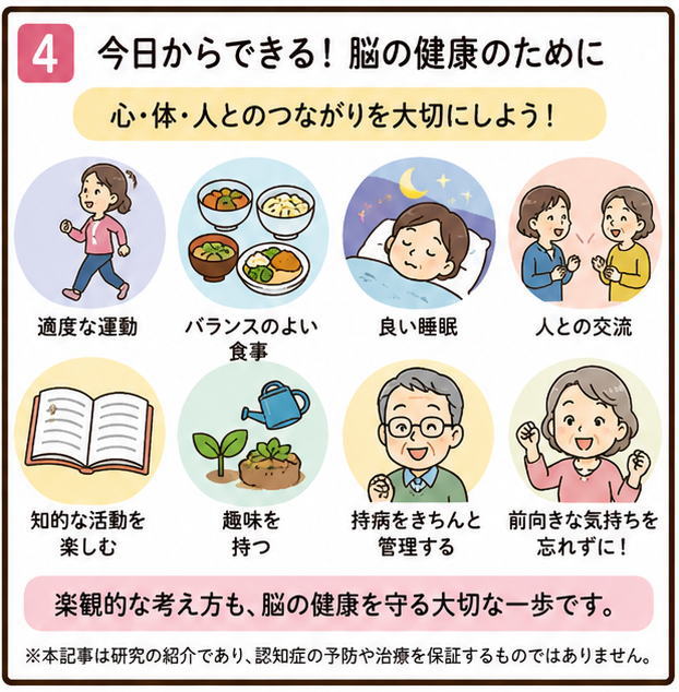 今日からできる！脳の健康のために、というタイトルと、「適度な運動」「バランスの良い食事」「良い睡眠」「人との交流」「知的な活動を楽しむ」「趣味を持つ」「持病をきちんと管理する」「前向きな気持ちをわすれずに」という解説とイラスト