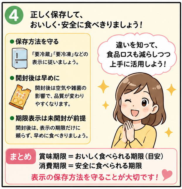 正しく保存して、おいしく・安全に食べきりましょう。というタイトルと、違いを知って、食品ロスも減らしつつ上手に活用しよう！と話す女性のイラスト