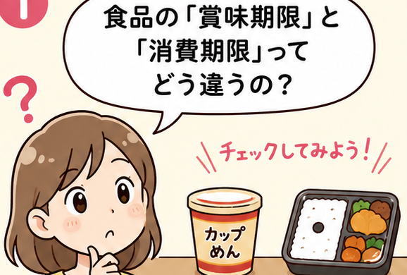 食品の「賞味期限」と「消費期限」ってどう違うの？と考える女性のイラスト