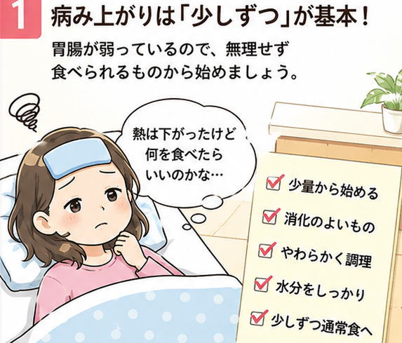 病み上がりは「少しずつ」が基本！という文字と体調が悪そうな女性のイラストのアイキャッチ画像