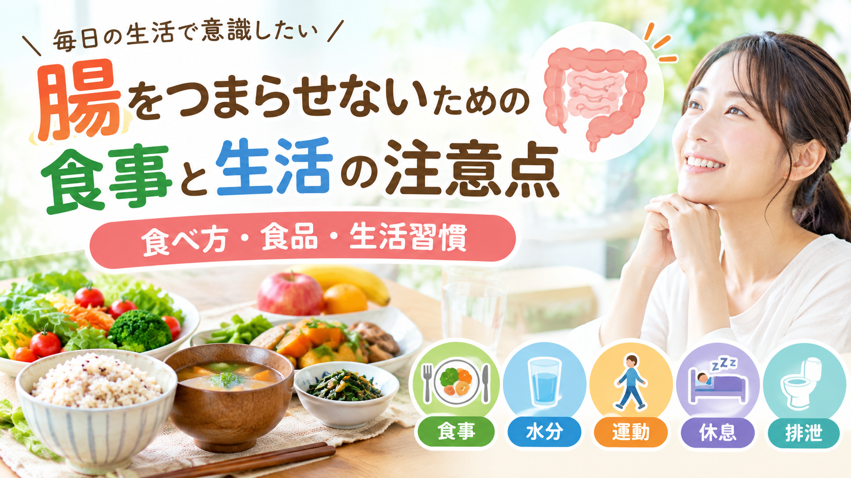 腸をつまらせないための食事と生活の注意点を紹介するイメージ画像。食事、水分、運動、休息、排泄など日常生活で意識したいポイントを表現しています。
