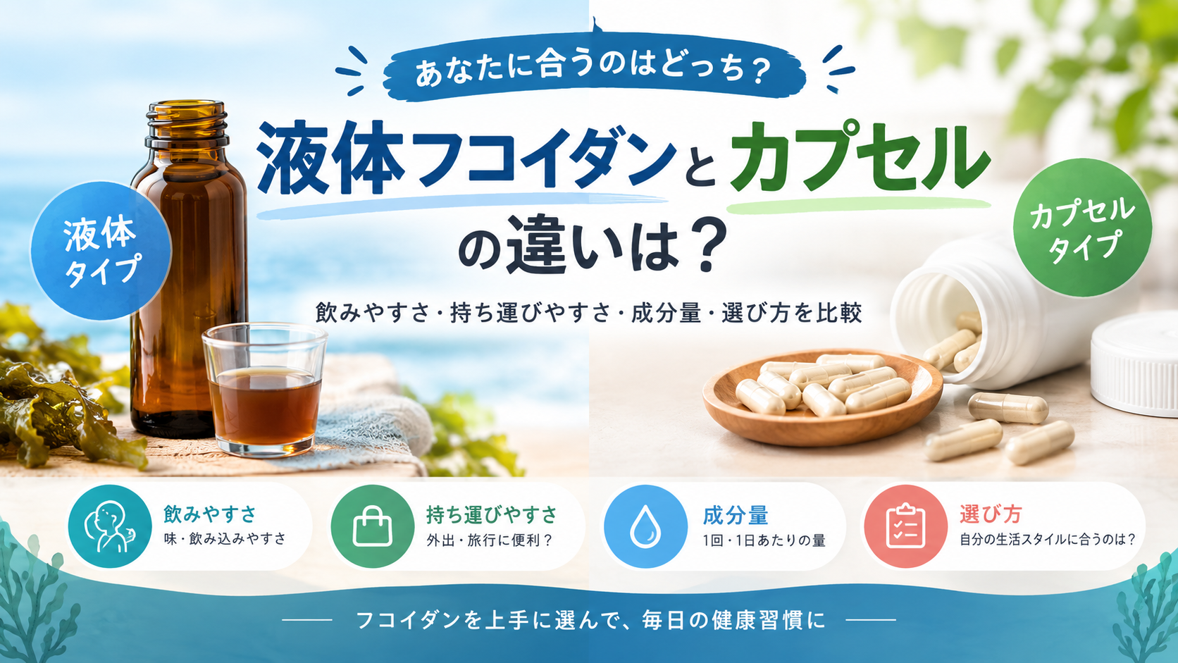 液体フコイダンとカプセルの違いを比較したイメージ。飲みやすさ・持ち運びやすさ・成分量・選び方を紹介