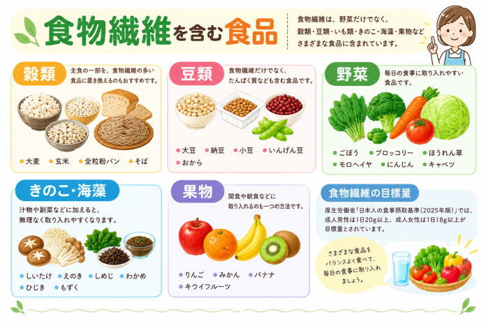 食物繊維を含む食品の図解。大麦、玄米、全粒粉パン、そば、大豆、納豆、野菜、きのこ、海藻、りんご、みかん、バナナなどを紹介