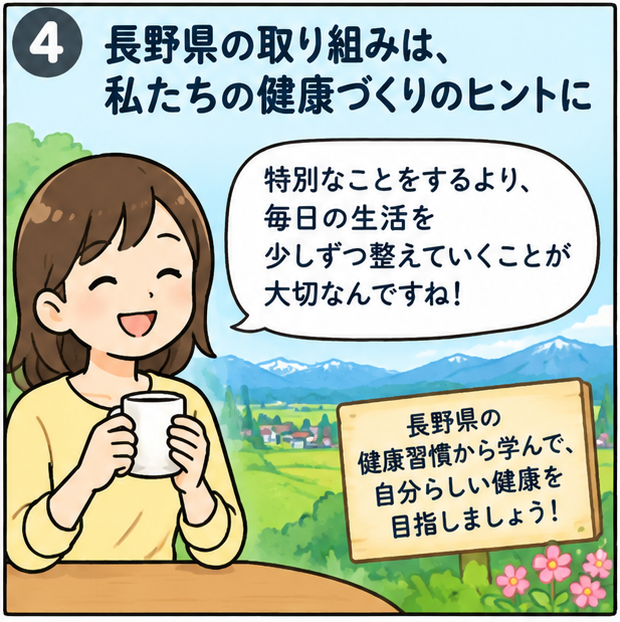 長野県の取り組みは、私たちの健康づくりのヒントに、というタイトルと、「特別なことをするより、毎日の生活を少しずつ整えていくことが大切なんですね」と話す自然の中で飲み物をもって話す女性のイラスト