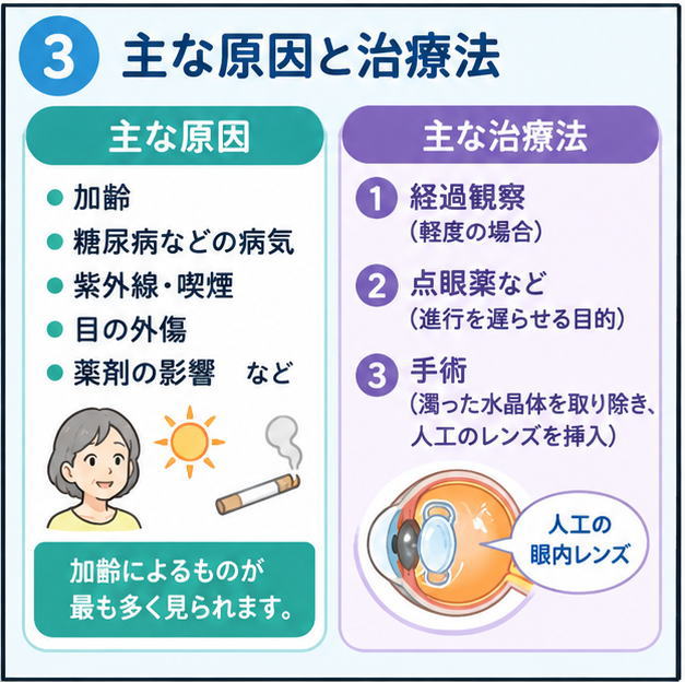 白内障の原因と治療法を紹介する漫画。加齢や糖尿病などの病気、紫外線や喫煙、目の外傷などの原因と、経過観察・点眼薬・手術による治療を解説。