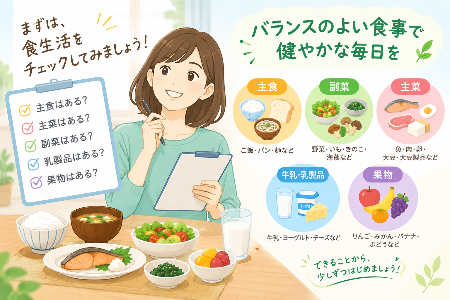 栄養バランスと食生活をチェックする女性と主食・副菜・主菜・牛乳乳製品・果物を紹介するイラスト