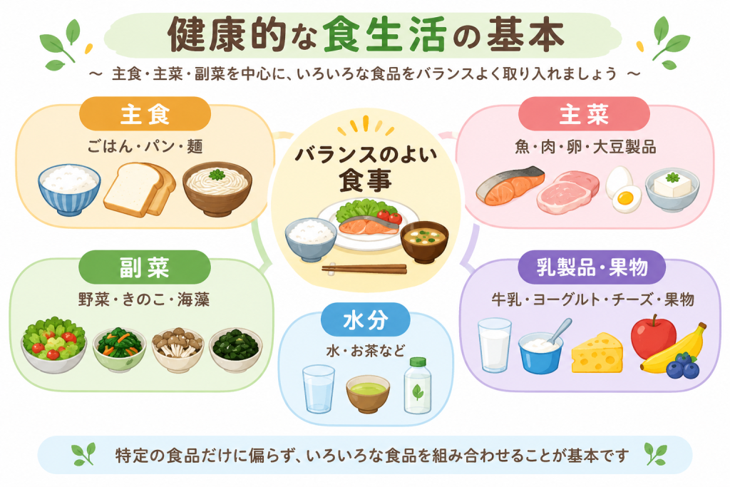 健康的な食生活の基本を示した図解。主食・主菜・副菜、乳製品・果物、水分をバランスよく取り入れるポイントの図解イラスト