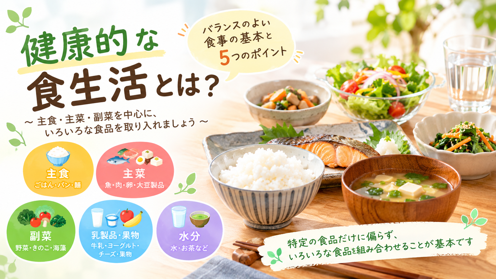 健康的な食生活とは？主食・主菜・副菜・乳製品や果物・水分をバランスよく取り入れる食事の基本のアイキャッチ画像