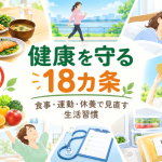 健康を守る18カ条をテーマに、バランスのよい食事、ウォーキング、休養、ストレス対策など健康的な生活習慣をイメージしたイラスト