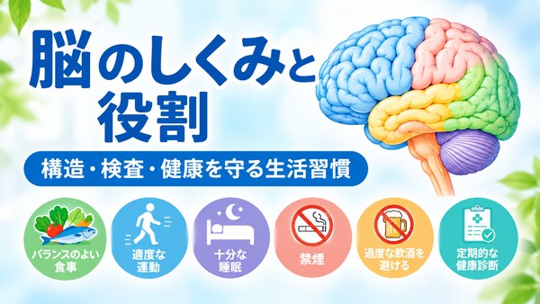 脳のしくみと役割を解説するイラスト。脳の構造や検査方法、健康を守る生活習慣を紹介