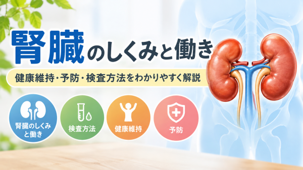 腎臓のしくみと働き、検査方法や健康維持について解説するイメージ