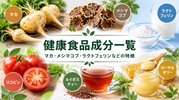 健康食品成分のイメージ。マカ、きのこ、トマト、ルイボスティー、ローヤルゼリーなど代表的な素材の特徴を紹介
