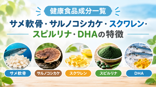 健康食品成分のサメ軟骨、サルノコシカケ、スクワレン、スピルリナ、DHAを紹介するイメージ
