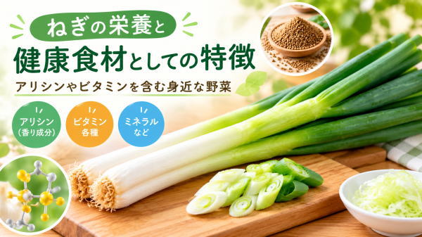 ねぎの栄養と健康食材としての特徴を紹介するイラスト。新鮮なねぎとアリシン、ビタミン、ミネラルなどを表示