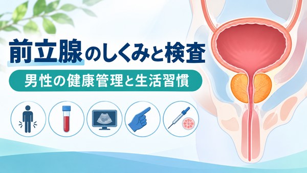 前立腺の位置や膀胱・尿道との関係、男性の健康管理に関わる検査を示したイラスト