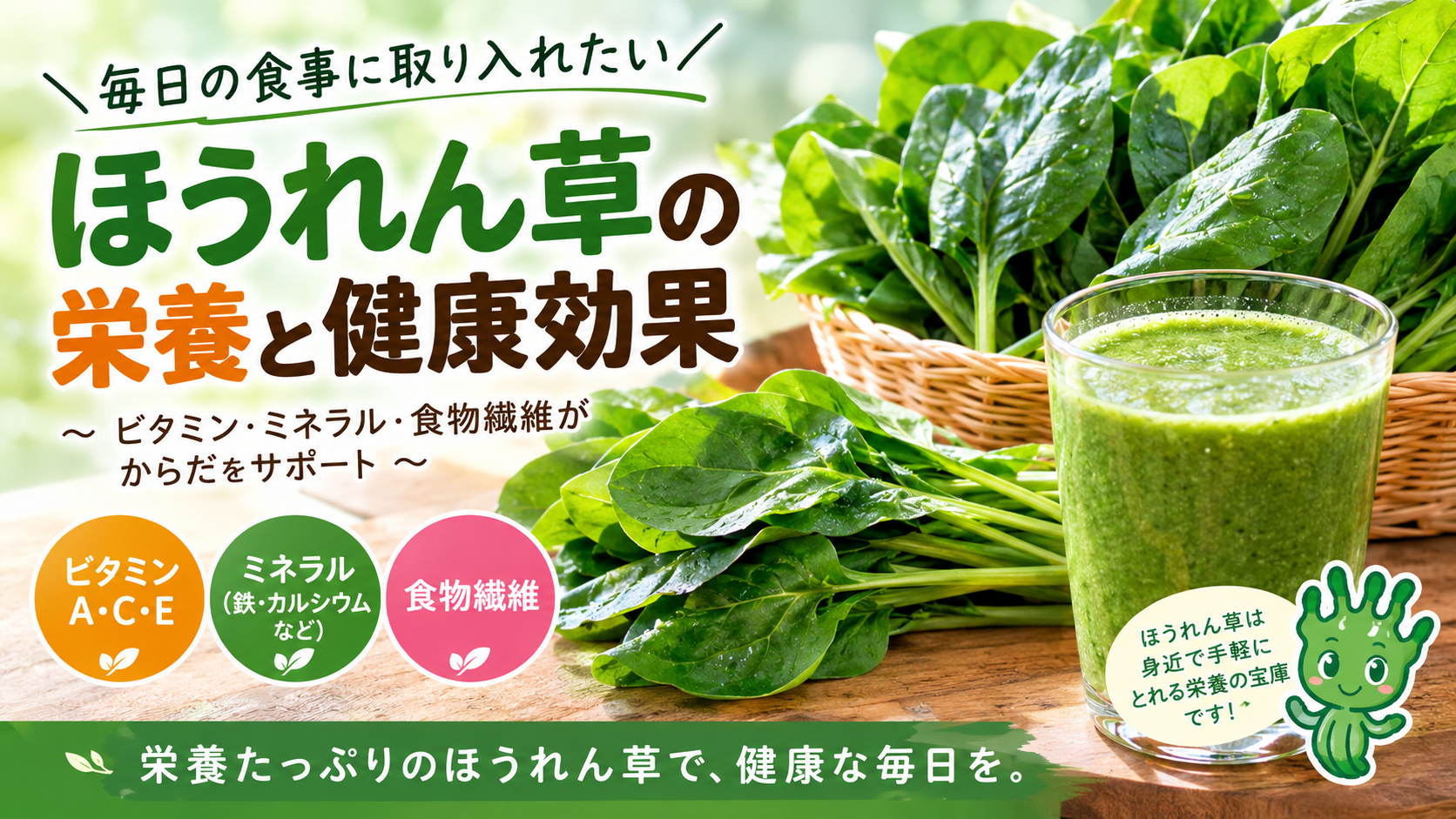 ほうれん草の栄養と健康効果を紹介する画像。ビタミン、ミネラル、食物繊維を含むほうれん草とグリーンスムージー