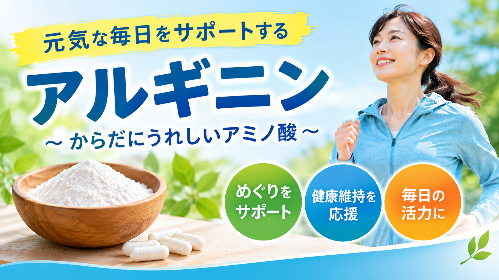 アルギニンの働きと多く含む食品を紹介するイメージ。大豆製品、肉類、ナッツ類など。