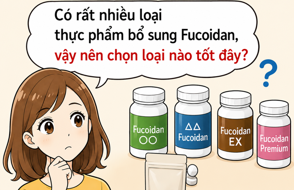 Hình minh họa một phụ nữ vui vẻ cùng sơ đồ ba thành phần chính từ rong biển gồm Fucoidan, Fucoxanthin và Ascophyllan. Hình giới thiệu Fucoidan AF Premium là sản phẩm có thể bổ sung đồng thời ba thành phần này và khuyến khích bắt đầu thói quen chăm sóc sức khỏe từ rong biển.