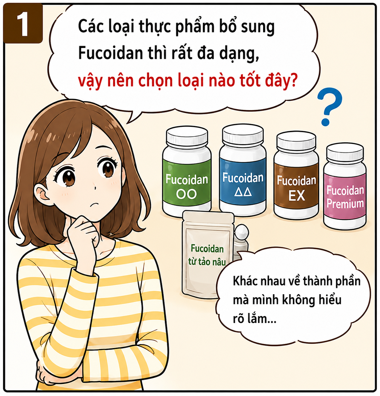 Hình minh họa một phụ nữ vui vẻ cùng sơ đồ ba thành phần chính từ rong biển gồm Fucoidan, Fucoxanthin và Ascophyllan. Hình giới thiệu Fucoidan AF Premium là sản phẩm có thể bổ sung đồng thời ba thành phần này và khuyến khích bắt đầu thói quen chăm sóc sức khỏe từ rong biển.