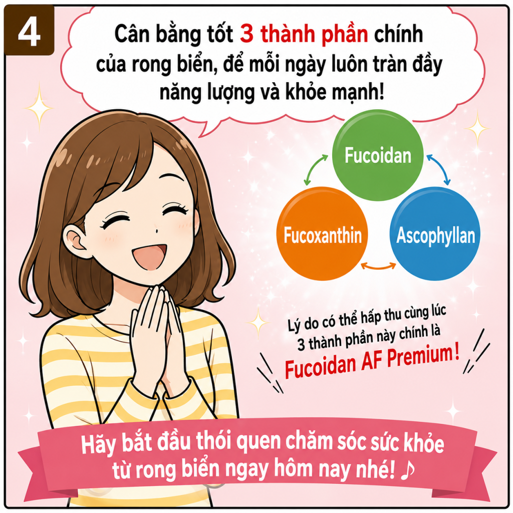 Hình ảnh quảng cáo cho thực phẩm bảo vệ sức khỏe Fucoidan AF Premium, nổi bật với hình ảnh minh họa một cô gái mỉm cười chắp tay. Biểu đồ cho thấy sự kết hợp của 3 thành phần chính từ rong biển: Fucoidan, Fucoxanthin và Ascophyllan. Văn bản khuyên dùng sản phẩm để duy trì sức khỏe và bắt đầu thói quen chăm sóc sức khỏe ngay hôm nay.