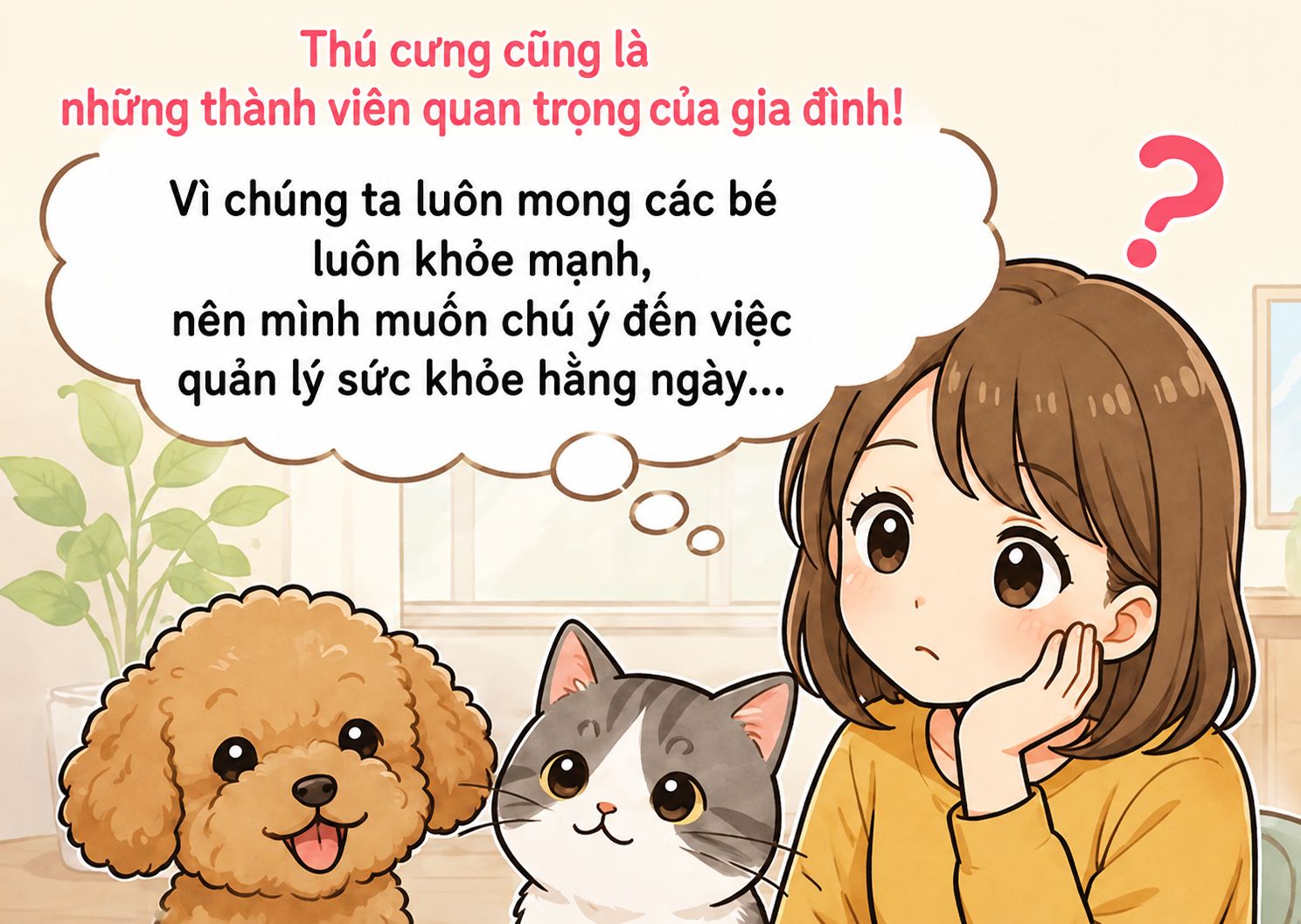 Bức tranh minh họa của Việt Nam này truyền tải thông điệp rằng "thú cưng là thành viên quan trọng của gia đình". Một người phụ nữ được thể hiện đang tựa tay, trầm tư bên cạnh một con chó và một con mèo, và một bong bóng thoại cho thấy cô ấy mong muốn sức khỏe cho thú cưng của mình và chăm sóc sức khỏe hàng ngày cho chúng.