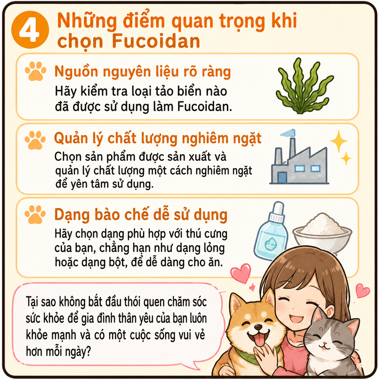 Infographic bằng tiếng Việt giới thiệu 4 điểm quan trọng khi chọn Fucoidan cho thú cưng: nguồn nguyên liệu rõ ràng, quản lý chất lượng nghiêm ngặt và dạng bào chế dễ sử dụng. Hình minh họa có tảo biển, nhà máy sản xuất, sản phẩm dạng lỏng và dạng bột, cùng một cô gái vui vẻ ôm một chú chó và một chú mèo.