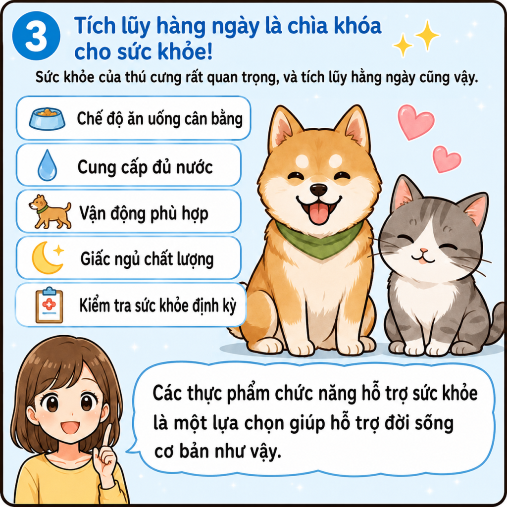 Minh họa hoạt hình về việc tích lũy các thói quen chăm sóc sức khỏe hằng ngày cho thú cưng, với một chú chó và một chú mèo vui vẻ bên cạnh cô gái đang giới thiệu các yếu tố chăm sóc sức khỏe.