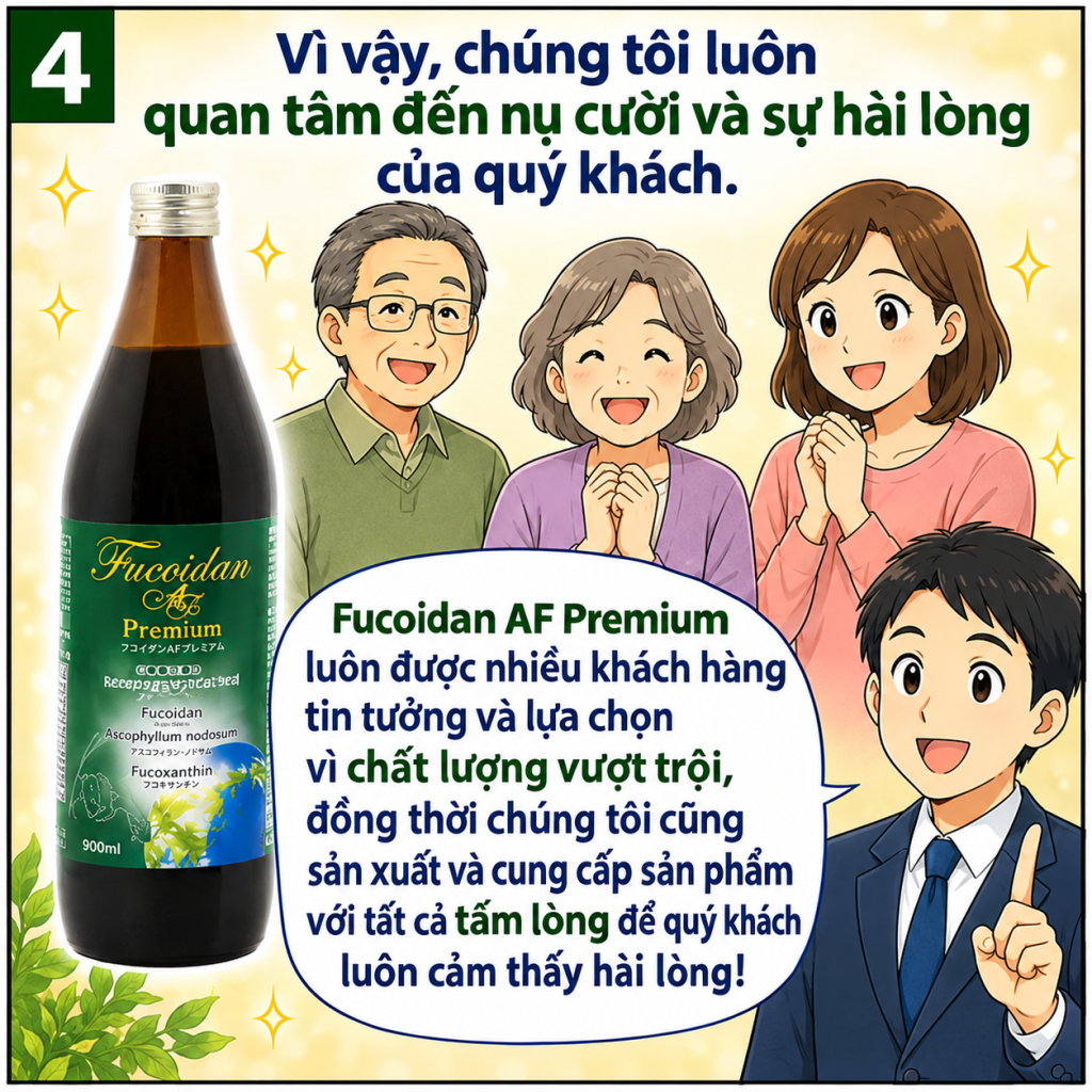 Hình minh họa mô tả một chai Fucoidan AF Premium và một gia đình đang mỉm cười hạnh phúc. Chủ đề "Tất cả vì sự an tâm và nụ cười" thể hiện cam kết của công ty trong việc cung cấp một sản phẩm đáng tin cậy.