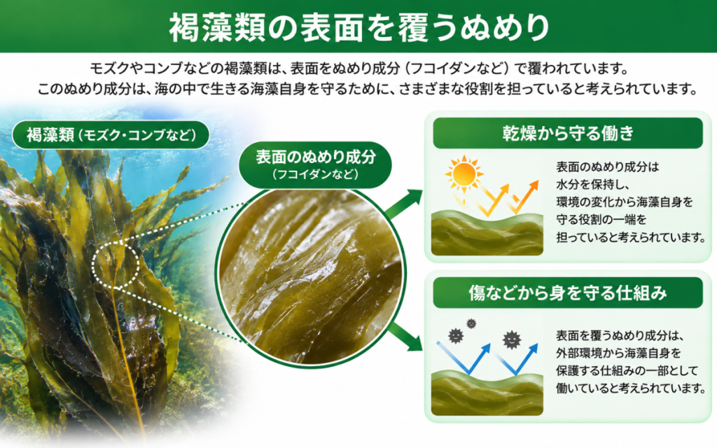 褐藻類の表面を覆うぬめり成分の役割を示した図